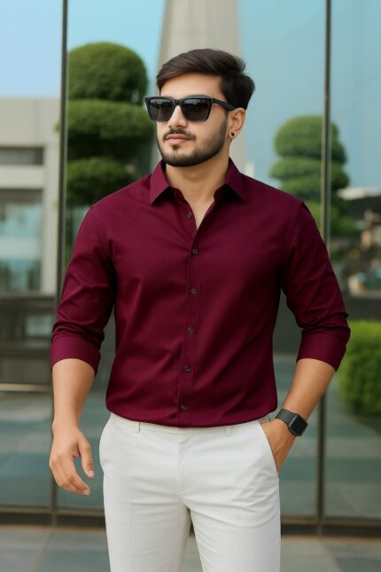 Maroon Color — Spandex Glossy Fabrics Shirt