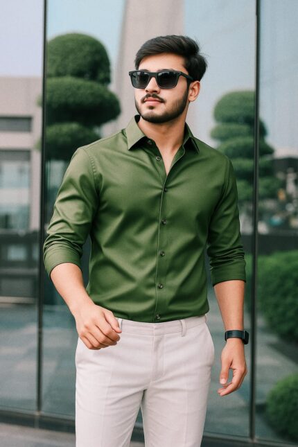 Olive Color — Spandex Glossy Fabrics Shirt